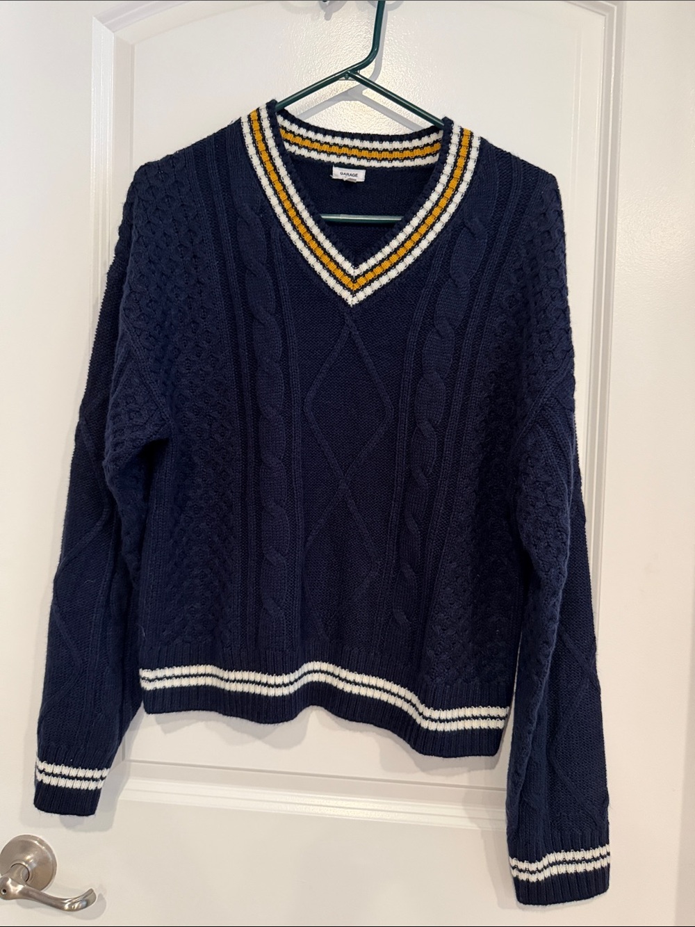 Garage Navy Cable Knit V-Neck Sweater with White and Gold Trim